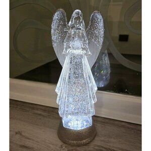 Lighted Angel Lamp Silver Swirling Glitter Water Lantern Snow Globe 13" Lava